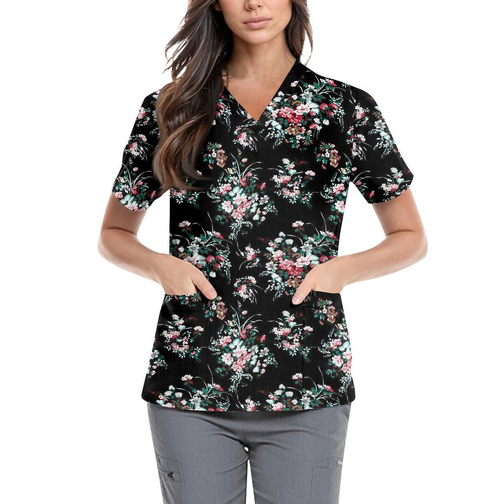 Women's Cute Printed Work Clothes V-neck Double Layer Pockets Basic Short Sleeve Top Pullover Valentines