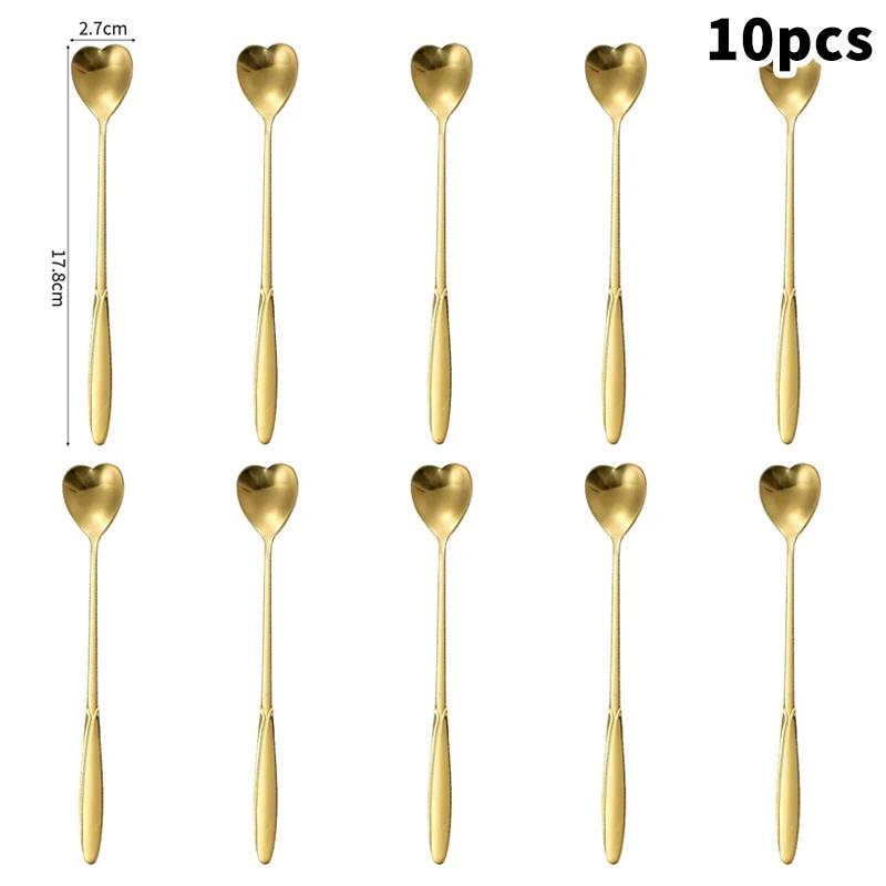 10-Piece Polished Stainless Steel Heart-Shaped Coffee Spoon Set - Durable Stirring Utensils For Home, Kitchen, And Dining Room