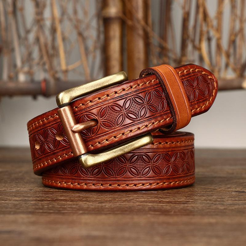 Retro Fashion Trend Embossed Two Sides Available Thickened Belt Men'S Leather Pin Buckle First Layer Cowhide Belt Women