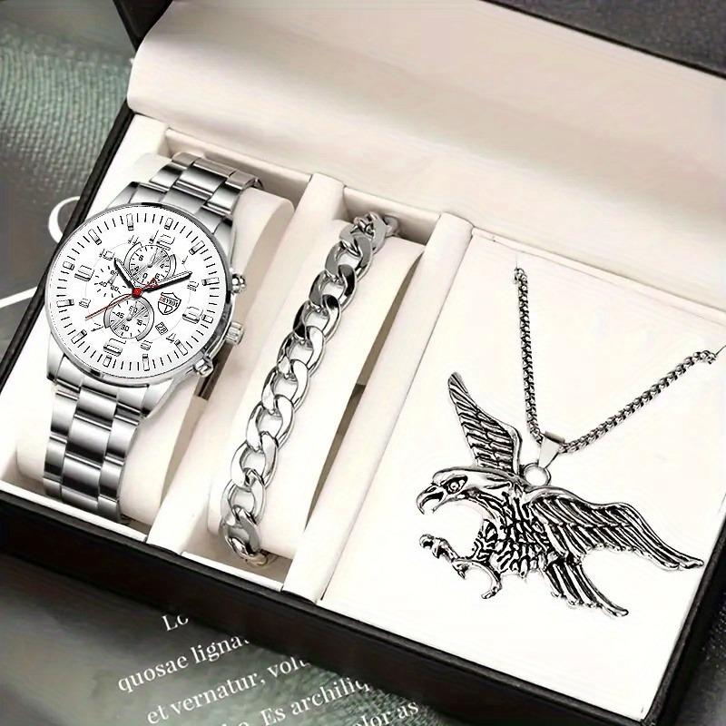 3pcs/set Fashion Men's Casual Quartz Watch Stainless Steel Wrist Watch & Bracelet & Necklace, Men's Gifts
