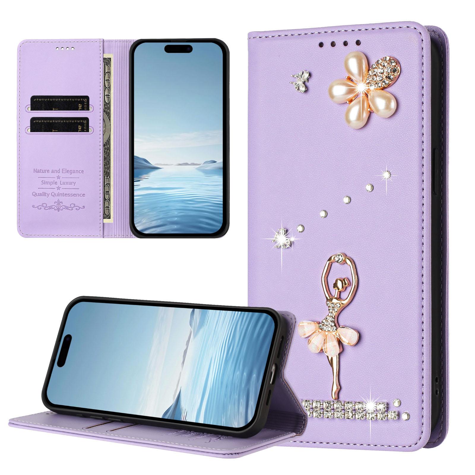 

Diamond Cute Cards Solt Wallet Leather Phone Case for iPhone 17 Pro Max 16 Plus 15 14 13 12 Flip Bag Pocket Kickstand Cover iPhone 15 Pro Max світло-фіолетового кольору