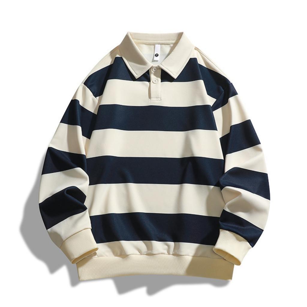 Spring Autumn New Fashion Loose Striped Pique Polo Shirt for Men Women, Trendy Hong Kong Style Streetwear