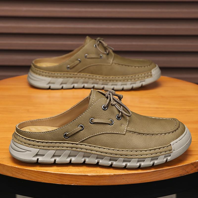 Men's Summer New Large Size Slip-On Driving Shoes Outdoor Genuine Leather Breathable Rubber Sole Square Toe Bean Bean Shoes