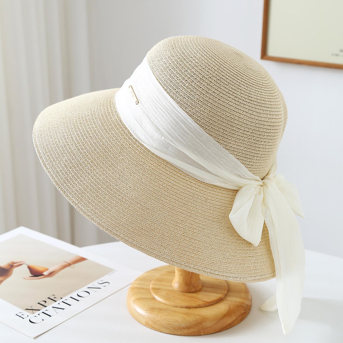 

New French-Style Straw Hat With Ribbon Bow, Hats Women Summer Seaside And Beach Use Wide Brimmed Sunhat 56-58cm
