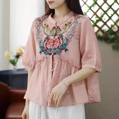 Camicie vintage floreali con ricamo da donna Top camicette a mezza manica