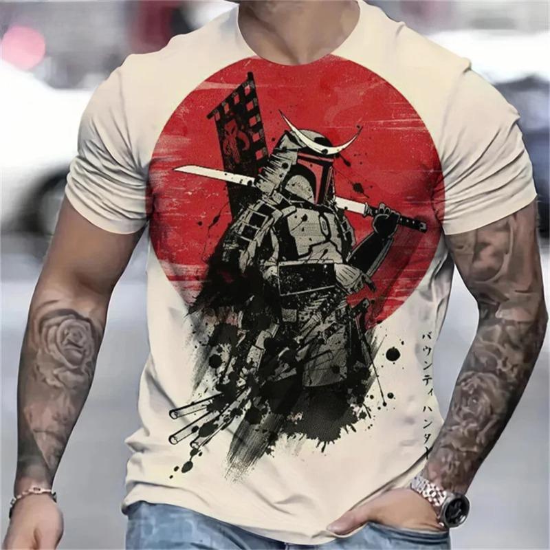 Camiseta de Samurái Japonés Impresa en 3D para Hombre Camisetas con Patrón de Personalidad Moda de Verano Cuello Red Tops Sueltos de Calle Camisetas de Manga Corta