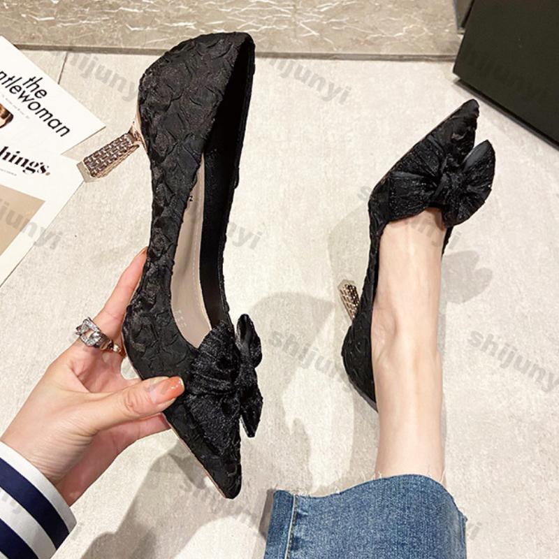 Fashion Sexy High Heels Pumps for Women 2025 Spring New Slip On Thin Heeled Party Shoes Ladies Pu Leather Pointed Toe Bows Single Shoes