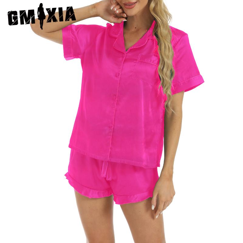 

GMXIA Женский атласный домашний комплект из двух предметов с оборками и завязками XL маджента