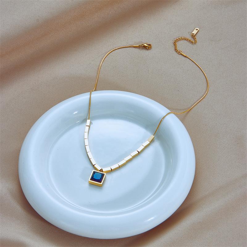 Gold Plated Square Blue Gem Pendant Necklace, Stainless Steel Cube Chain Choker, Waterproof Elegant Jewelry for Women Gift