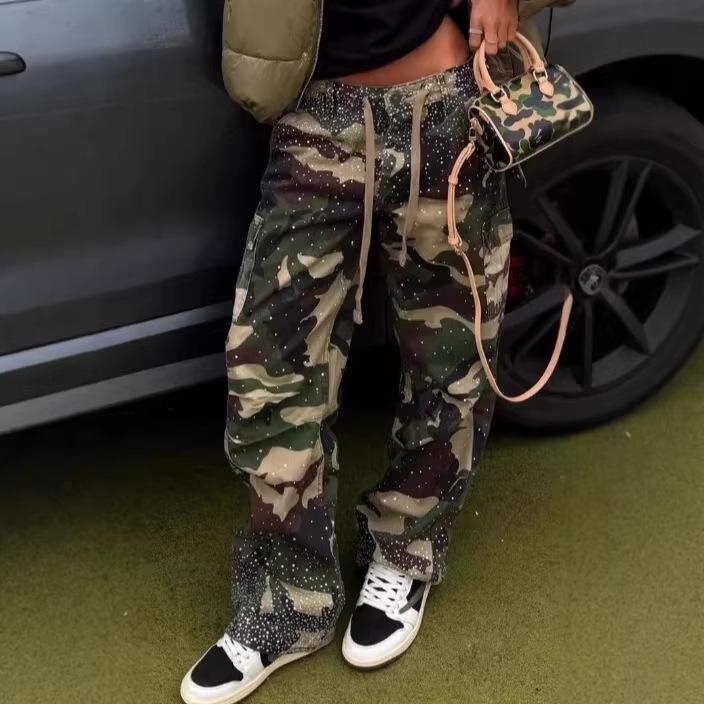 Pantalones Rectos Camuflados de Calle Retro Europeos y Americanos con Detalles de Taladro en Caliente