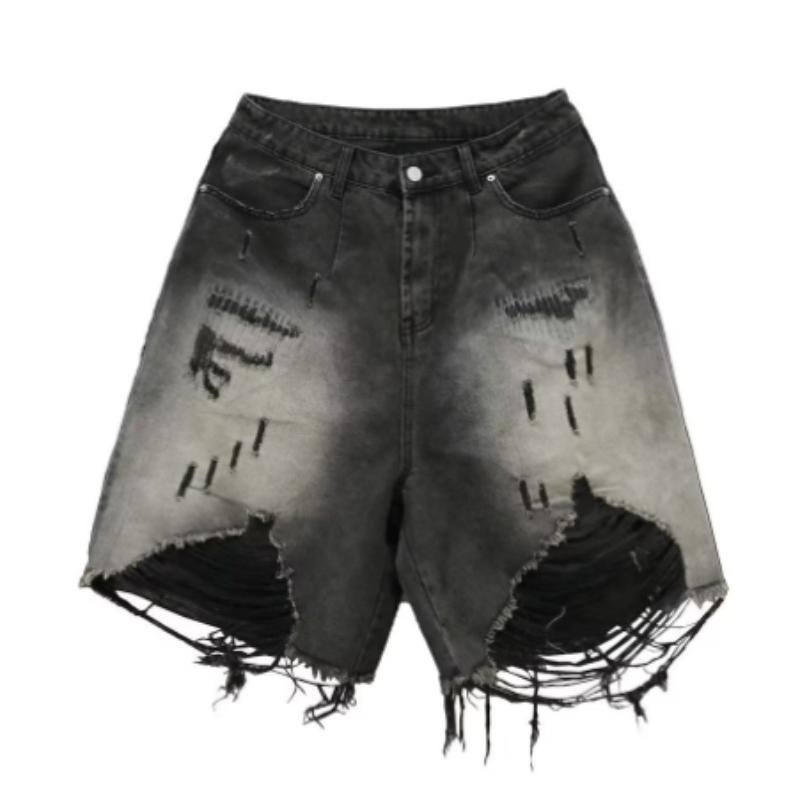 Мужские потертые старые рваные шорты High Street, шорты в американском ретро, ​​летние уличные шорты Y2K в стиле хип-хоп с кисточками и широкими штанинами, повседневные джинсовые шорты XXXL чёрный