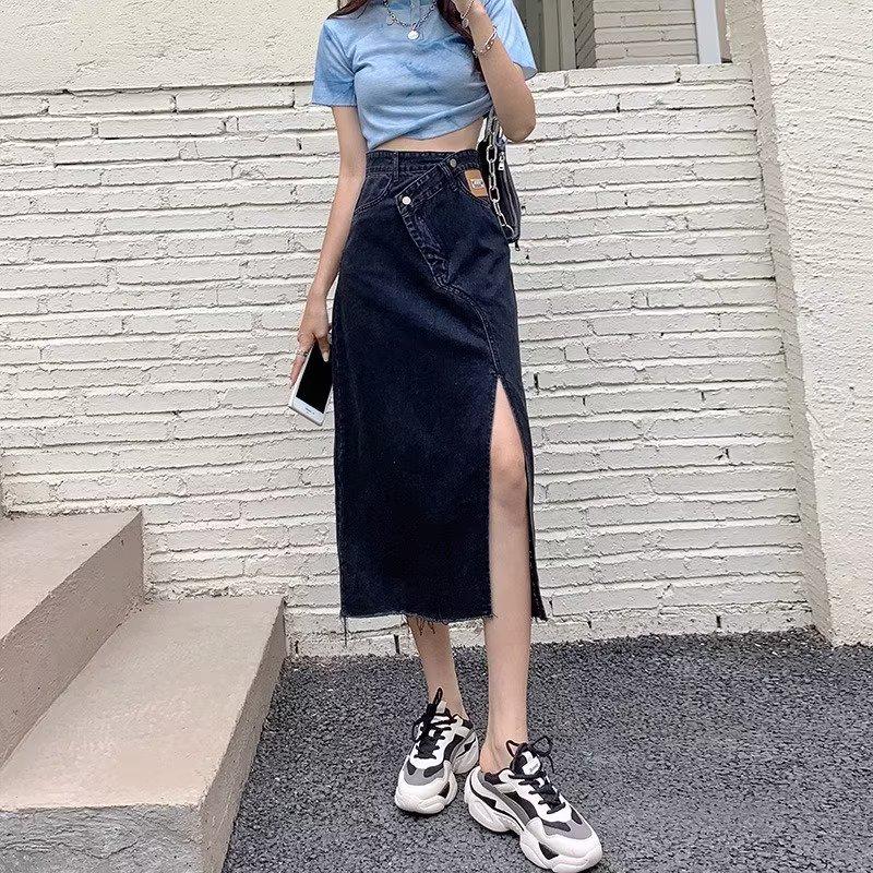 

Летняя женская джинсовая юбка А-силуэта с завышенной талией и боковым разрезом 5XL