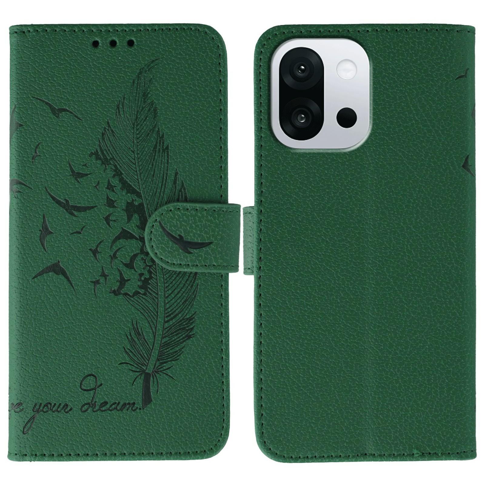 

For OnePlus 13T 5G Case Feather Imprint PU Leather Wallet Phone Cover Green