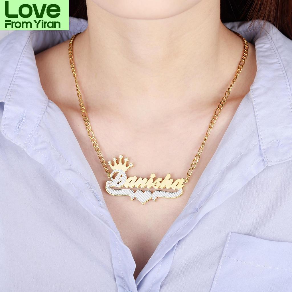 Double Layer Two Tone With Crown Heart Personalized Custom 18K Gold Tone Plated Name Necklaces Women Nameplate 3D Pendant JewelryTrendy Pendant