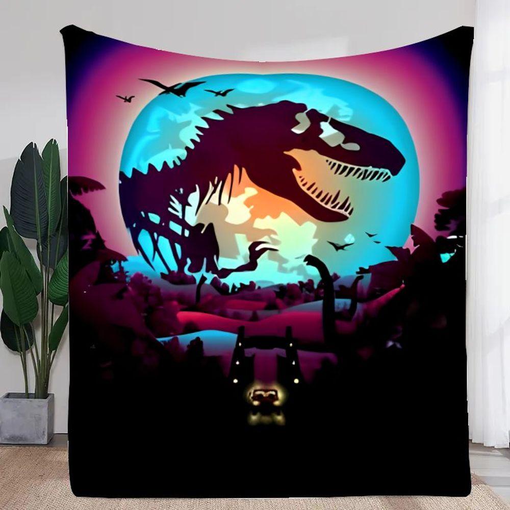

Vibrant Tyrannosaurus Rex Dinosaur and Glowing Blue Moon Blanket - Surreal Retro-Futuristic Soft Throw Blanket for Home Decor, P 30x40in