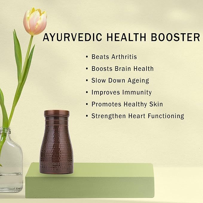 Copper Bedroom Jar with Inbuilt Glass | Rarity Hammered Design | Handcrafted, Leakproof, Jointless | Ayurvedic Benefits, Antioxidant Properties |