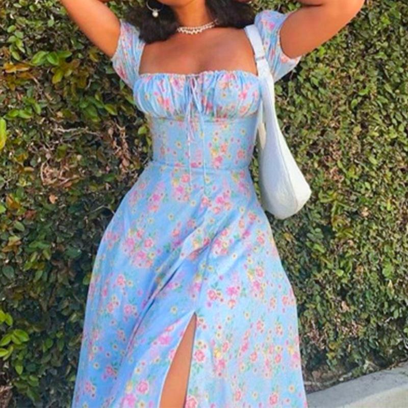 New Spring Women's Clothing Elegant and Sexy Square Collar Lace-up Floral Slit Dress