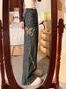 Women's Autumn Wide-Leg Denim Jeans with Butterfly Embroidery and Side Zip