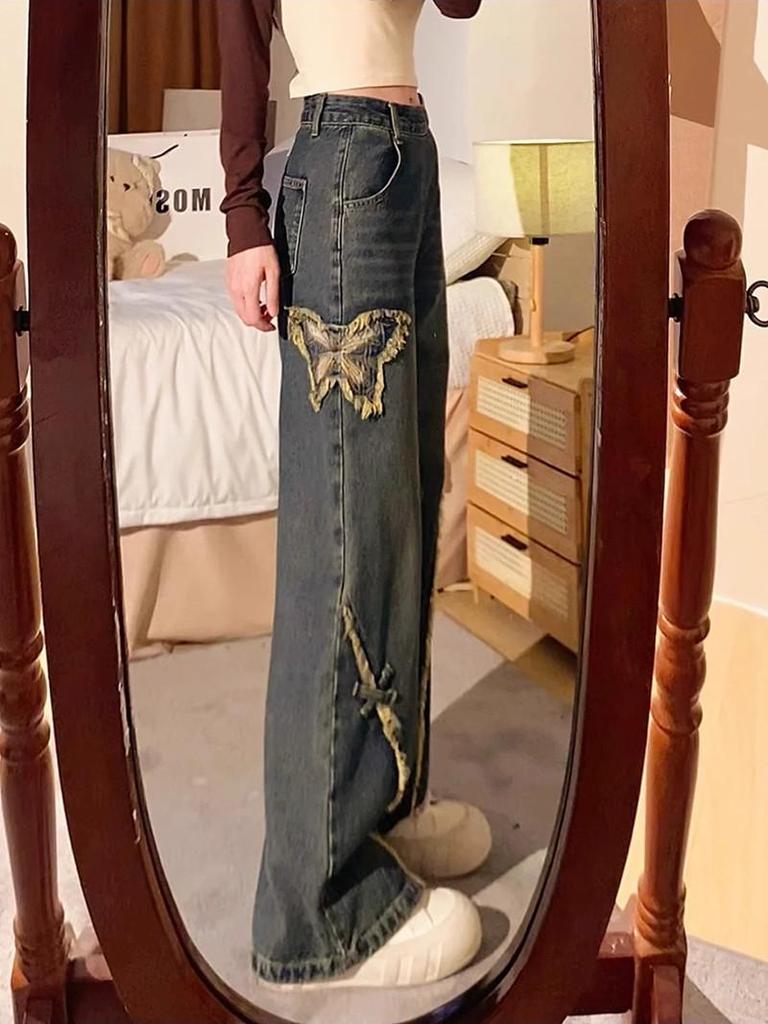 Women's Autumn Wide-Leg Denim Jeans with Butterfly Embroidery and Side Zip