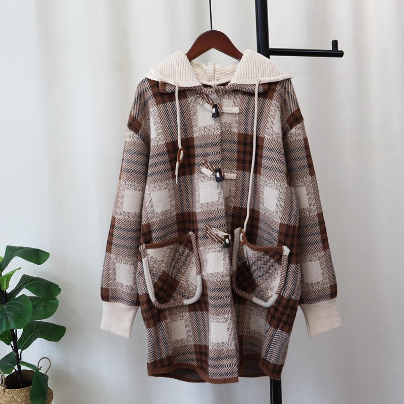 

Осень и зима новый съемный капюшон средней длины клетчатый вязаный двусторонний кардиган свободный свитер куртка женская One size