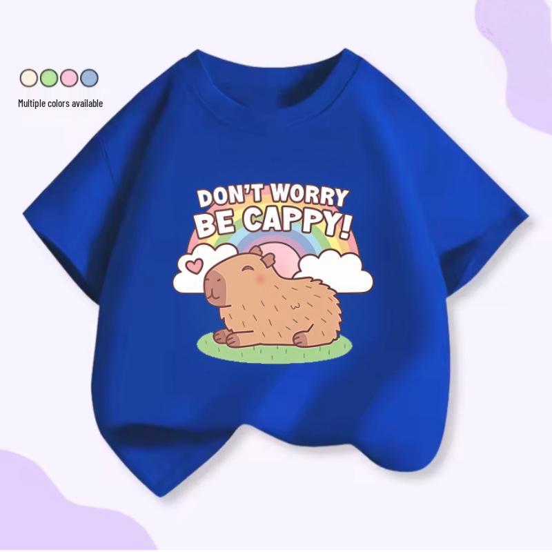 Unisex Kids’ Cute Capybara Milk Tea Cartoon T-Shirt - Loose Summer Casual Short Sleeve Top