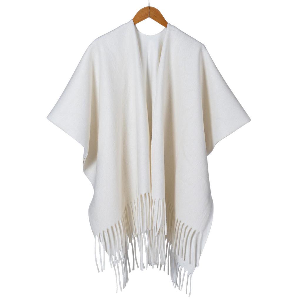 Women's Thick Jacquard Tassel Shawl - Versatile Solid Color Cape for Autumn/Winter