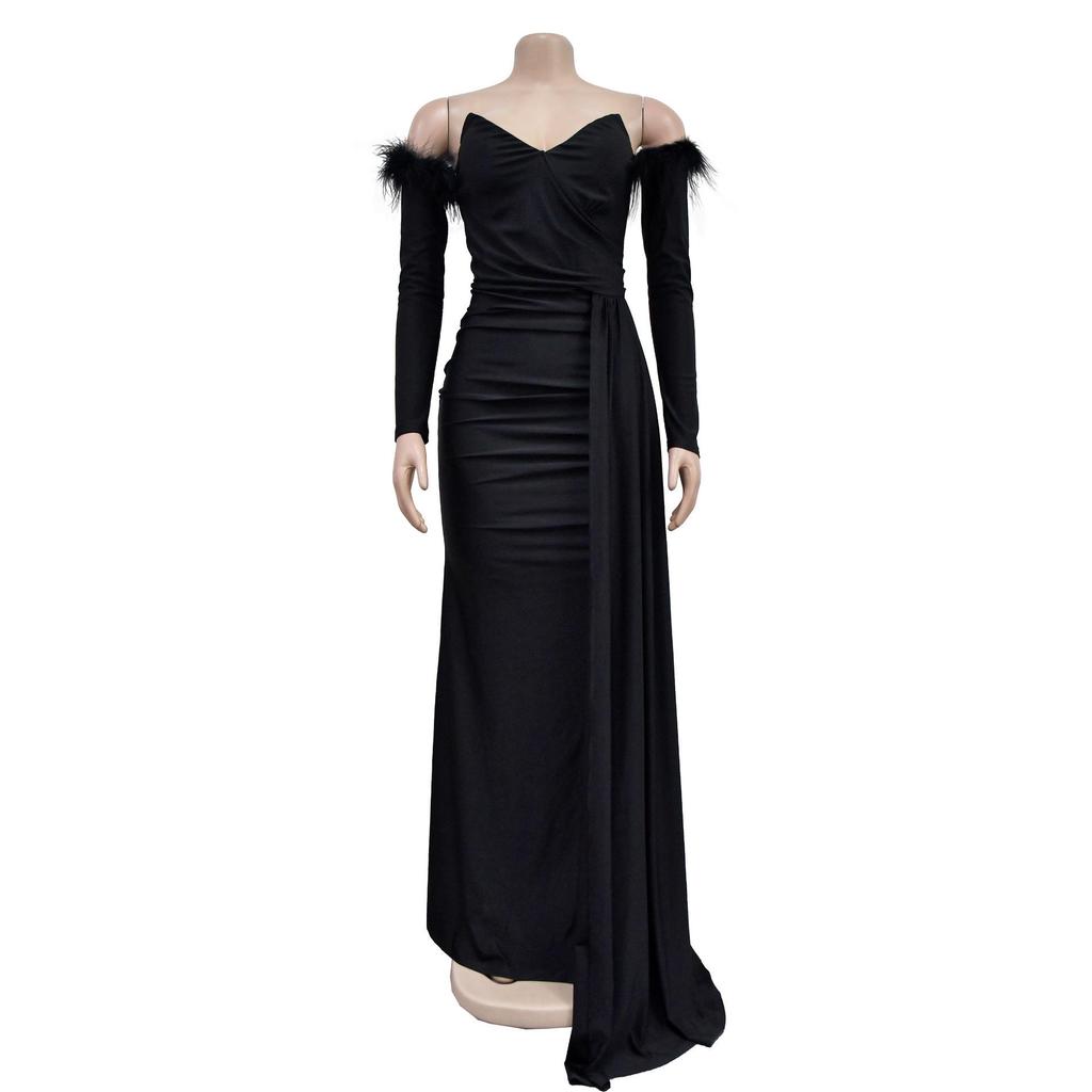 Gefaltetes rückenfreies langes Kleid mit Schlitz - Unifarben Damenmode (Europa & Amerika) C6797.