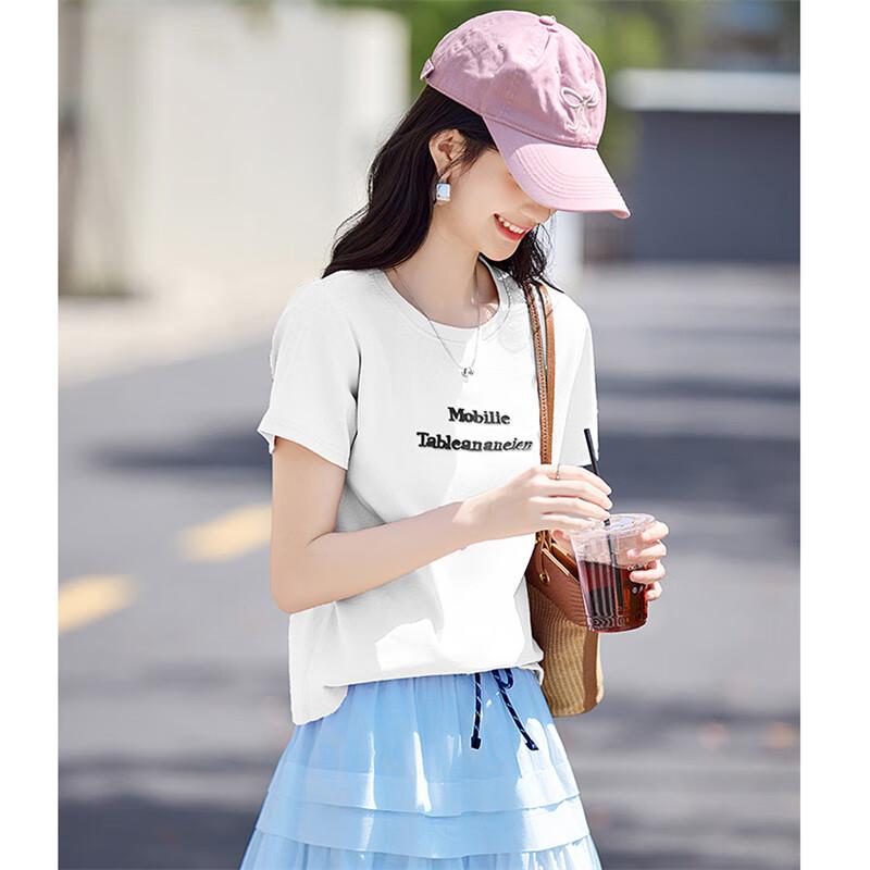 Shang Jing Women's 3D Letter Print Round Neck T-Shirt
