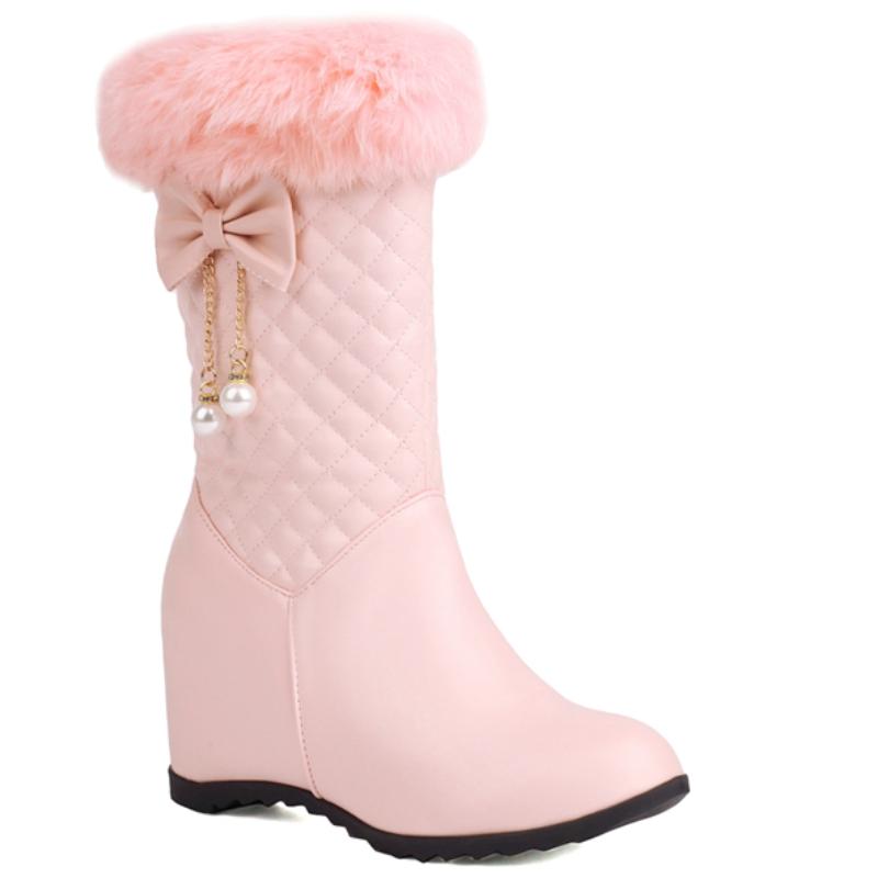 

Теплые меховые женские высокие зимние сапоги 2024 плюшевые зимние туфли водонепроницаемые модные с увеличивающей рост танкеткой ботфорты до колена большого размера 36 розовый