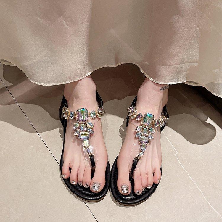 Sommer neue Zehensandalen Schulmädchen koreanische Version Feenstil Internet-Berühmtheit Mode römische Kneif-Strass-Flats Tide