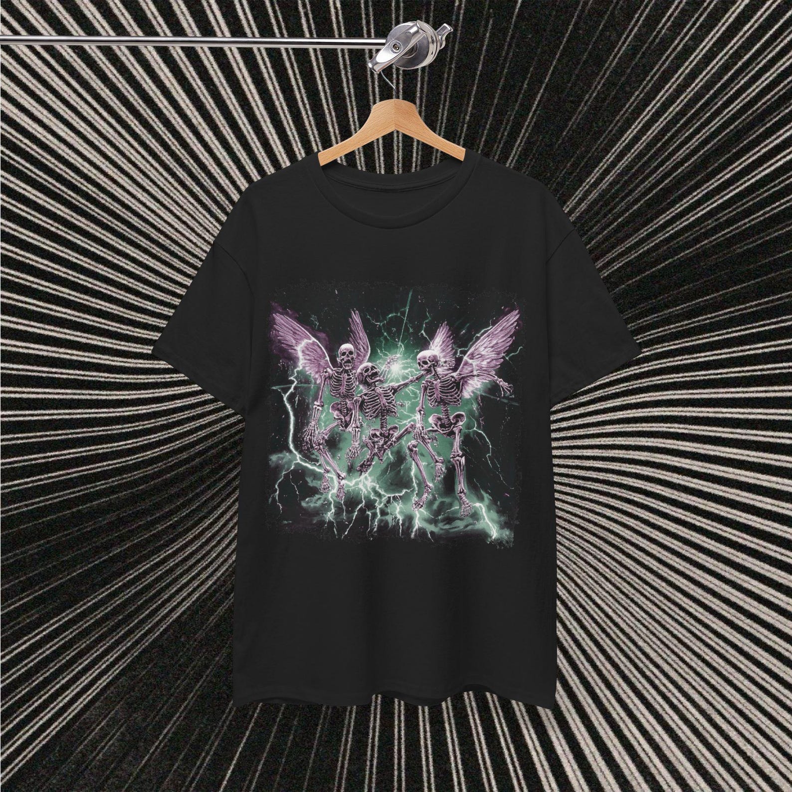 Alternative Skeleton Angels Tee, Alternative Fashion Lightning Grunge Shirt, Unisex Graphic Top, skull T-shirt, music shirt, green pink S