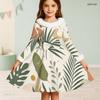 Girls High Neck Long Sleeve Avocado Printed A Line Flared Dress With Fuzzy Collar Cuffs And Bow Waist
