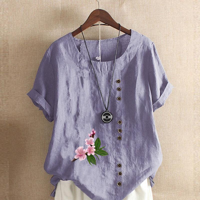 Women's Fashion Round Neck Short Sleeve T-shirt Casual Cotton Linen Graphic Shirt Leisure Loose Flowers Prined Summer Blouse Tops
