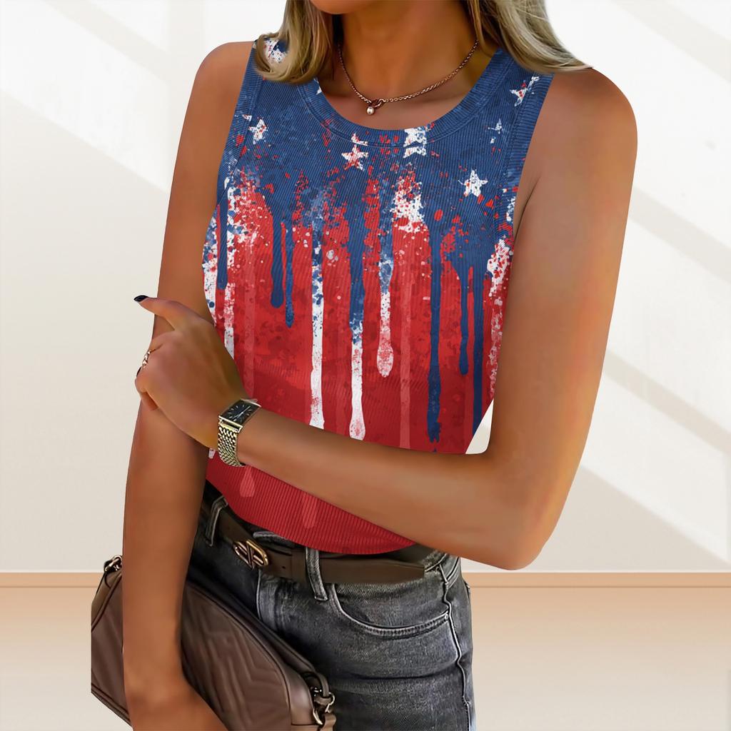 Women's Summer Fashionable Casual Independence Day Printed Round Neck Sleeveless Top Fitted Vest