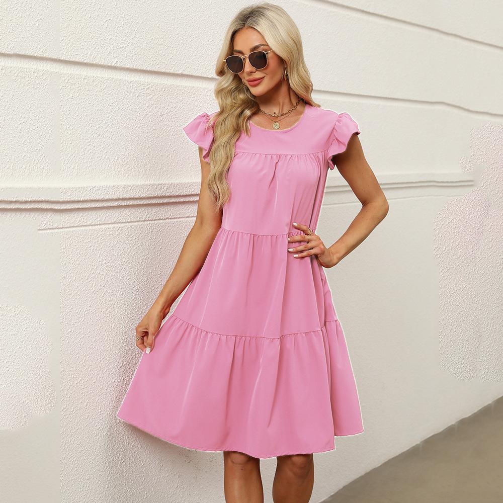 Women Dress Short Sleeve Pleated Long Dresses Fashion Bohemian Dress Solid Loose Summer Dresses
