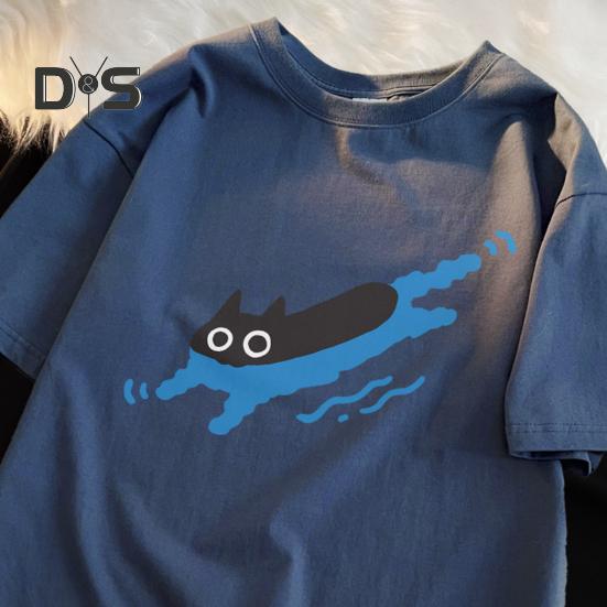 Pár Ležérní Tričko Kreslená Černá Kočka Potisk Tričko Kulatý Výstřih Volný Letní Top pro Muže Ženy Domácí Posilovna Streetové Oblečení