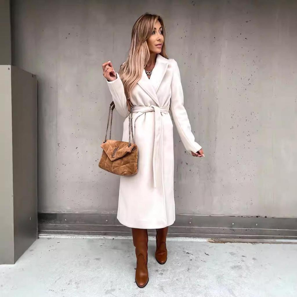 Women's Spring/Autumn Simple V-neck Wool Long Coat with Tie
