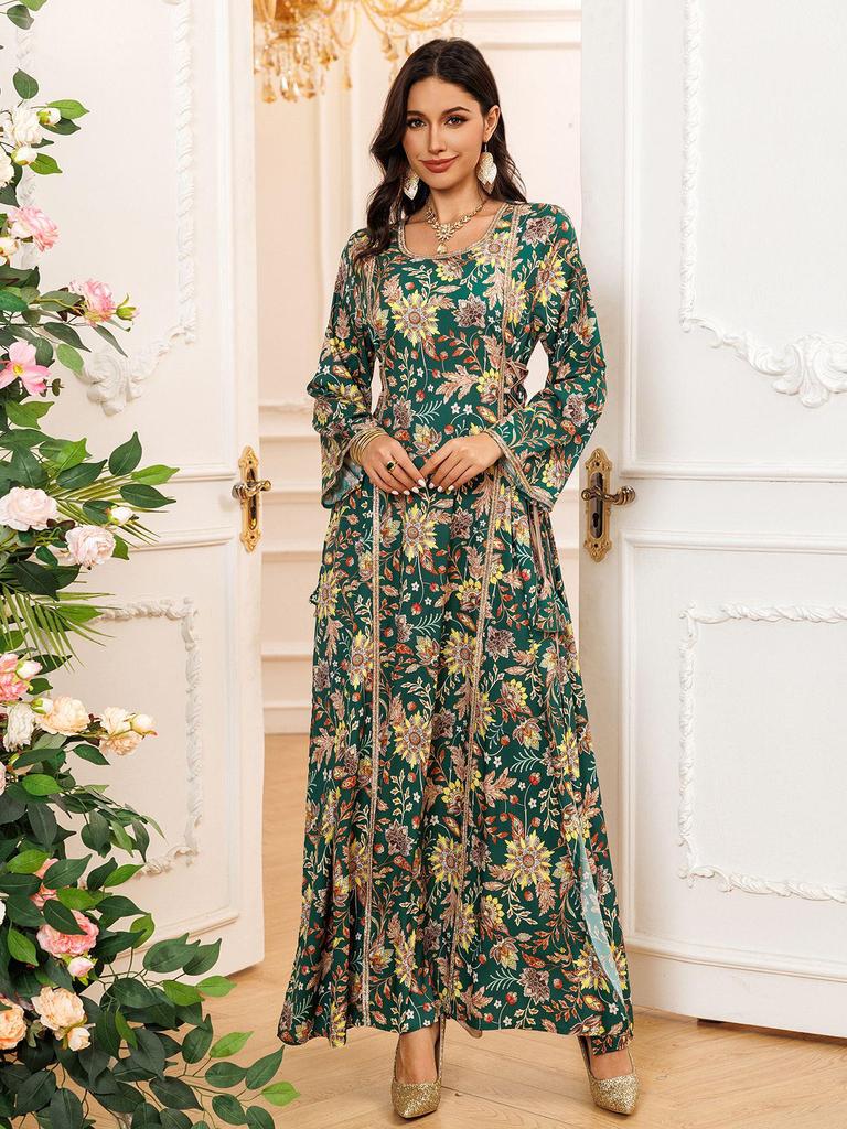 AB439 Middle Eastern Women's Diamond-Studded Fashion Print Jalabiya Robe