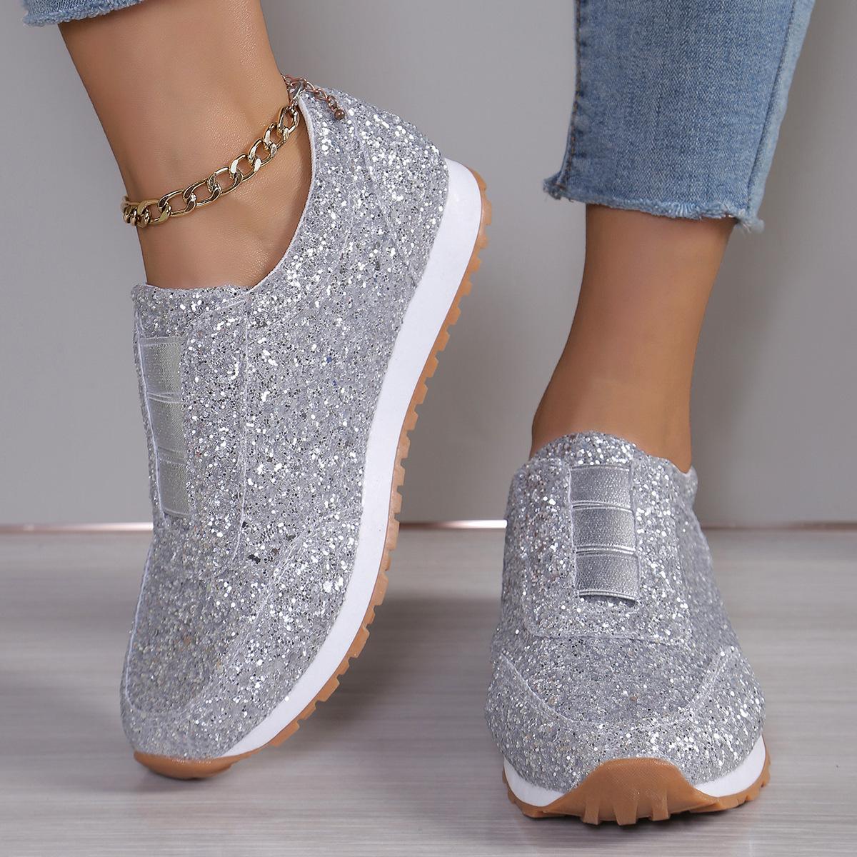 

European and American large-size spring and autumn new sequined sports and leisure women s shoes round head elastic band flat-soled sports shoes 43 серебряный