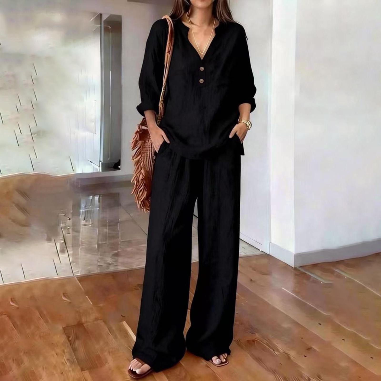 

Women s Two-Piece -color Cotton And Linen Long-sleeved V-neck Top Straight-leg Casual Trousers Set L чёрный