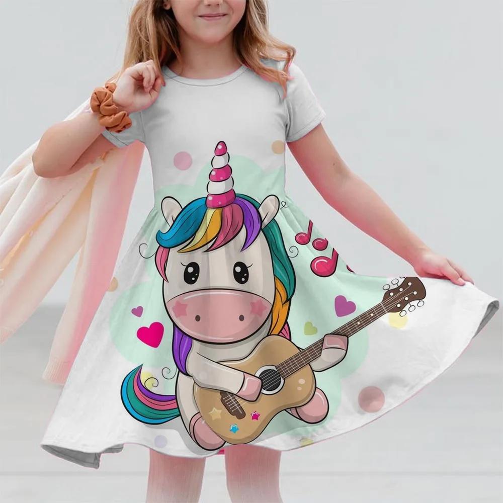 

Красочное платье с принтом единорога, с оборками на рукавах, для девочек, праздничные летние повседневные платья, одежда для девочек, подарок 170