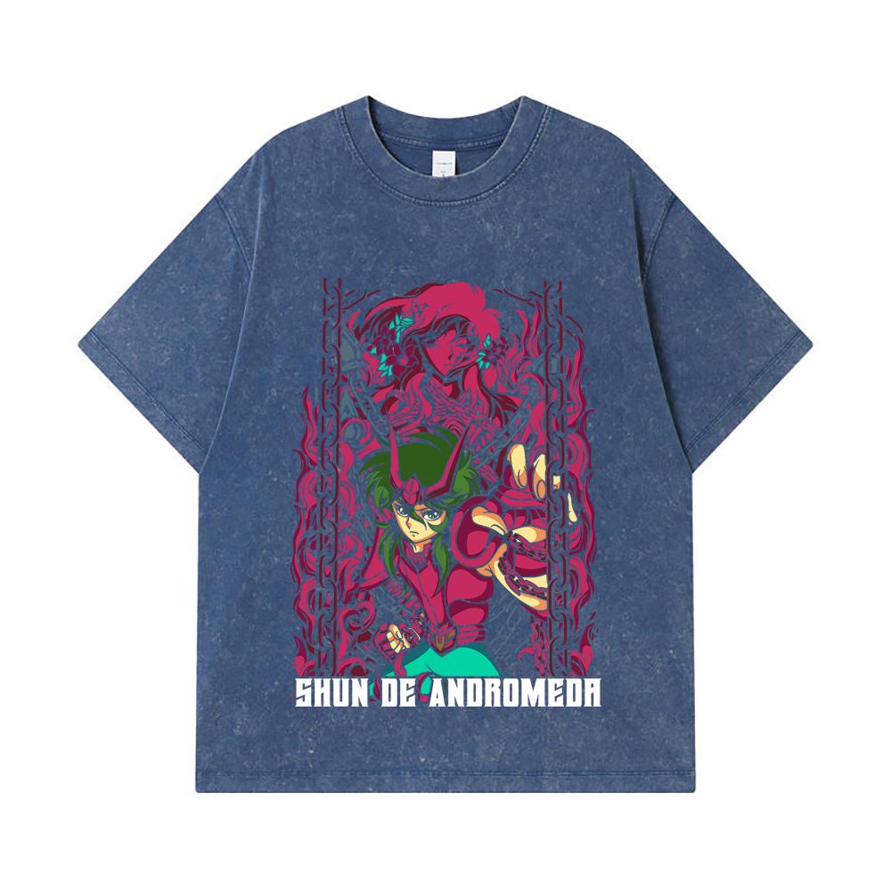 

275 GSM Washed T-shirts 100% Cotton Saint Seiya V17 Shun Print Unisex Heavy Cotton T Shirt 2XL королівський синій колір