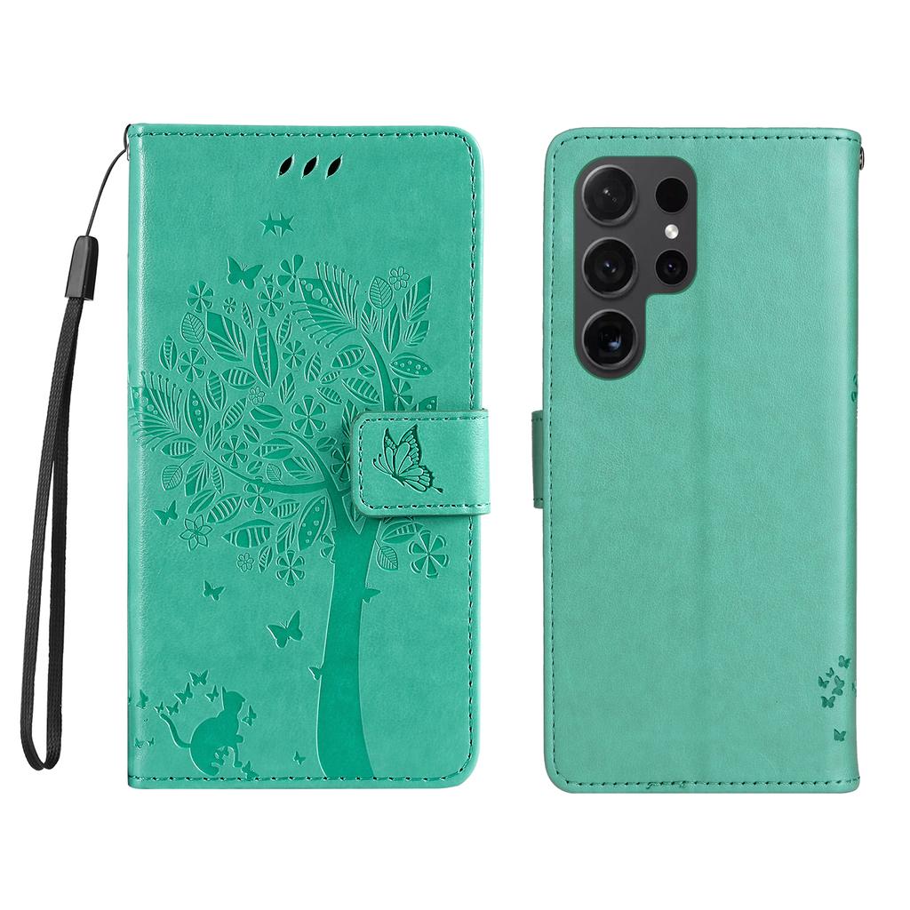 For Samsung Galaxy S24 Ultra Phone Case with Stand Cat Tree Pattern Leather Wallet Mobile Cover