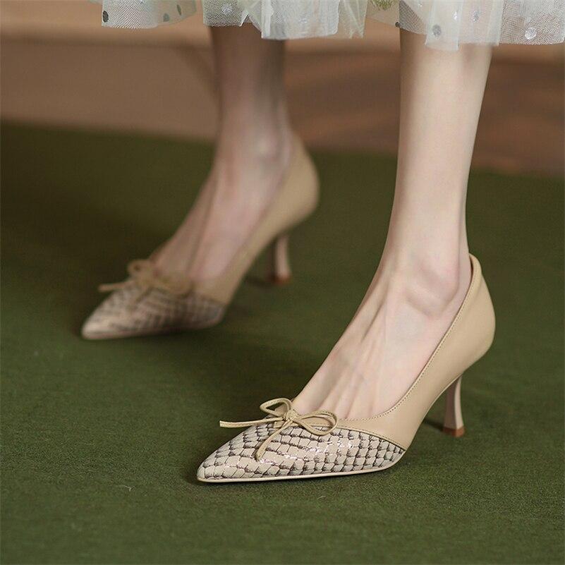 

Meotina, женская обувь из натуральной кожи, туфли-лодочки на тонком каблуке с острым носком, элегантная женская обувь на высоком каблуке с бантом, весна 2022, абрикос