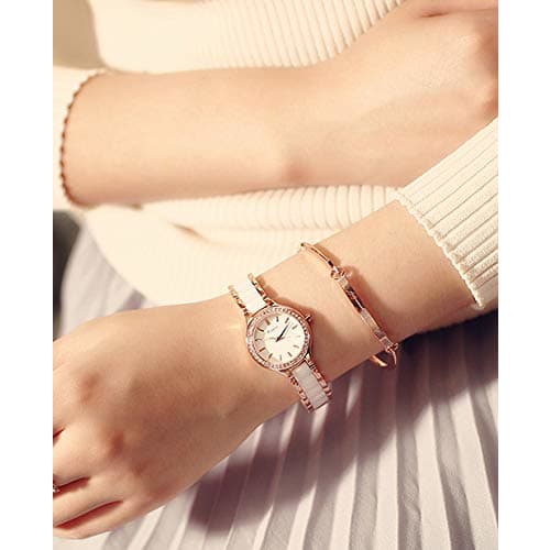 KIMIO K6121 Women's Simple Watch with White Ceramic and Rose Gold Band and Diamond Dial