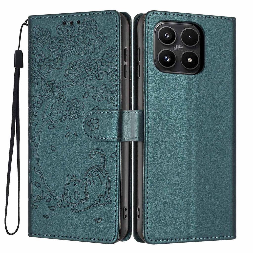 For Xiaomi 17 Stand Case Tree-and-Cat Pattern PU Leather Wallet Protective Phone Cover with Wrist Strap