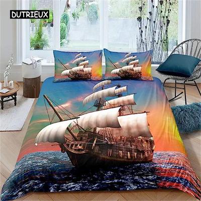 Pirate Duvet Cover Sailboat Bedding Set Tropical Waters Maritime Style Comforter Cover Sunset Marine For Women Men Home Decor