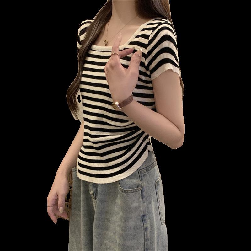 Summer new irregular square neck striped sweet and spicy style thin belly cover short-sleeved T-shirt knitted sweater top women