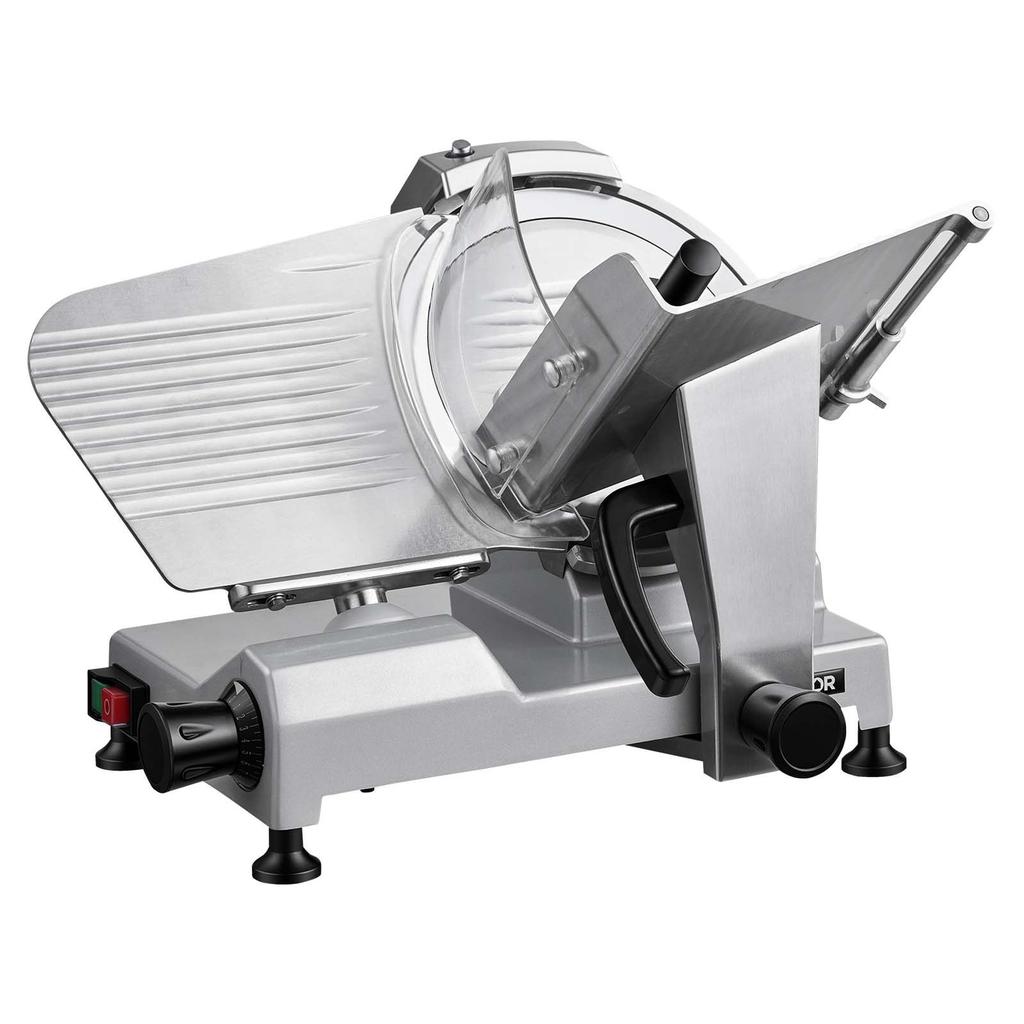 Commercial Meat Slicer, 240W Electric Deli Food Slicer with 250mm Carbon Steel Blade, Built-In Sharpener & 0-12mm Adjustable Thickness for Frozen
