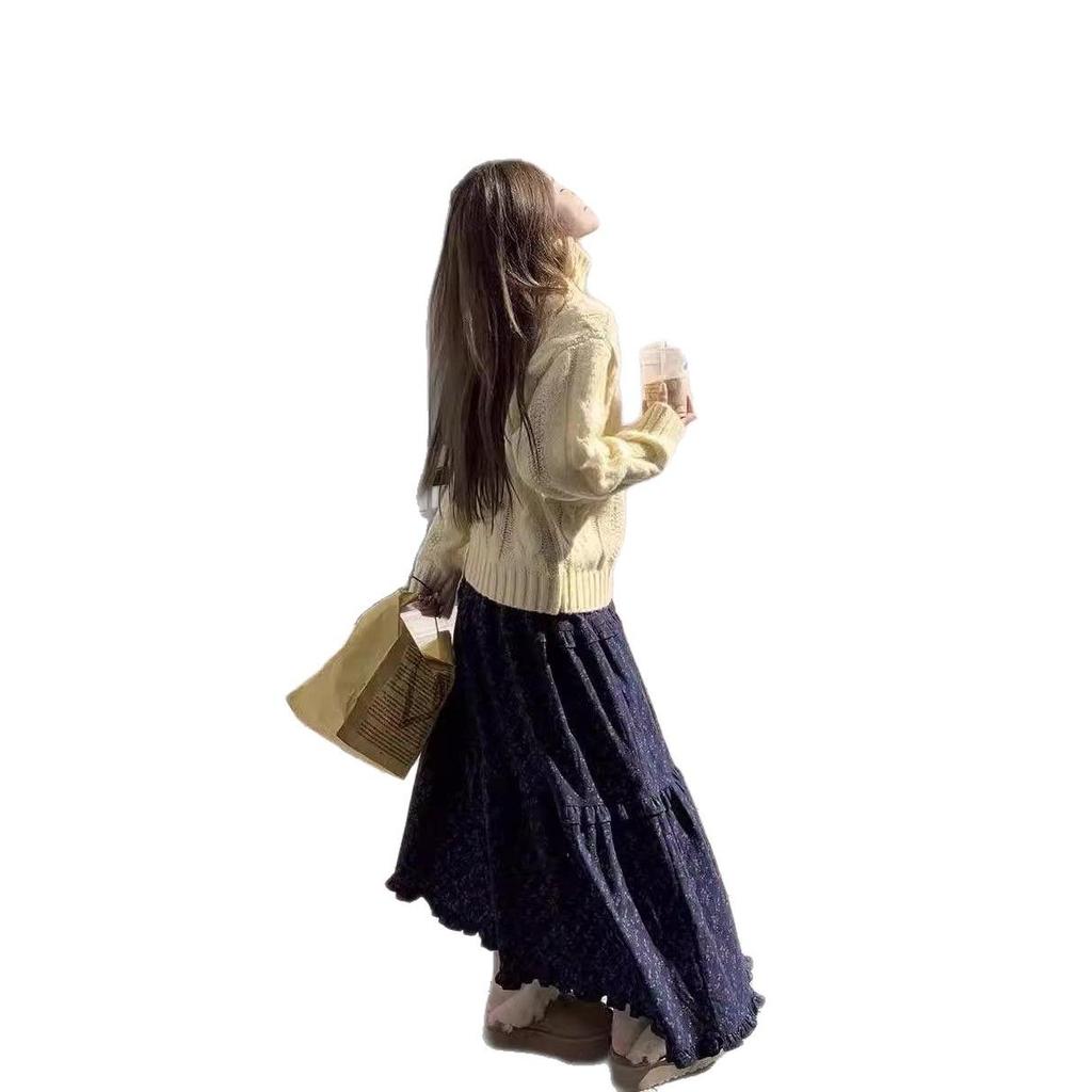 Douyin Purple Floral Retro High-Waisted Mid-Length Skirt - Autumn/Winter Slimming Cake Style